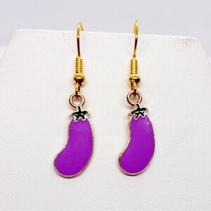 Earrings Eggplant Emoji Funny Sexy Vegan Vegetarian Gold Tone Purple Enamel